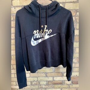 NIKE Black w/ Gold Silver Metallic Logo Cropped Pullover Hoodie Sweatshirt Sz M
